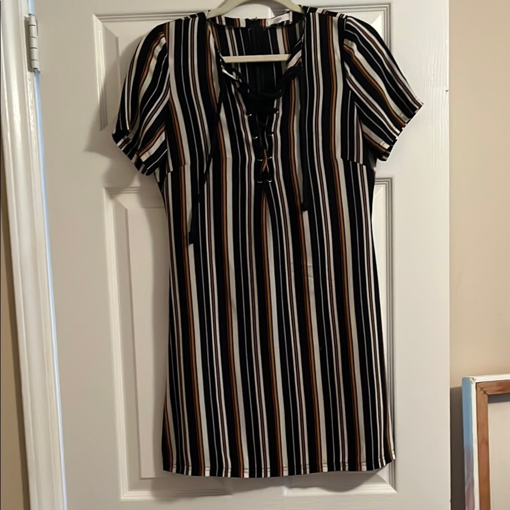 Lucca Couture Black, White & Gold Striped Sheath Mini Dress
